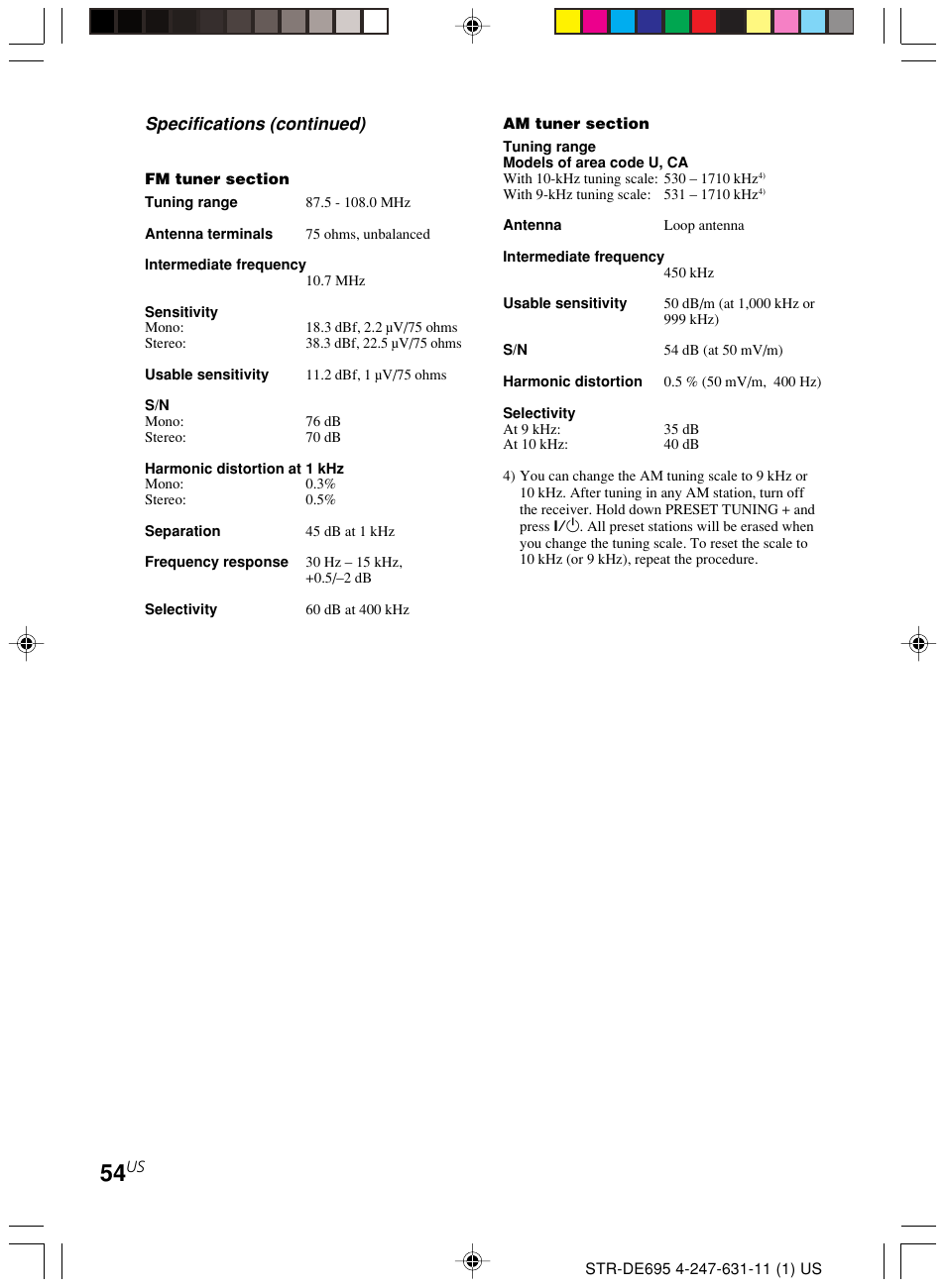 Specifications (continued) | Sony STR-DE695 User Manual | Page 54 / 60