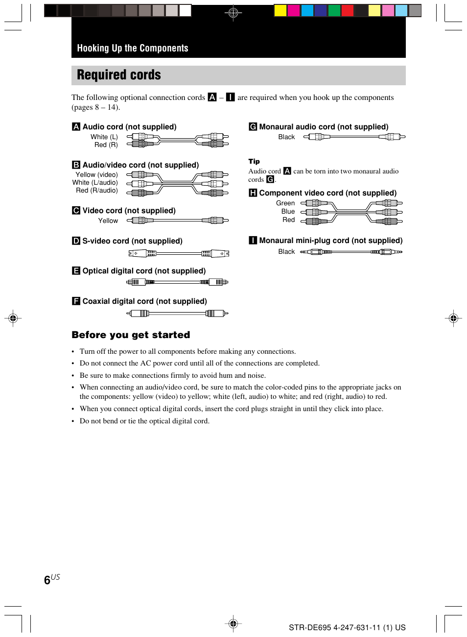 Hooking up the components, Required cords, Hooking up the components before you get started | Sony STR-DE695 User Manual | Page 6 / 60