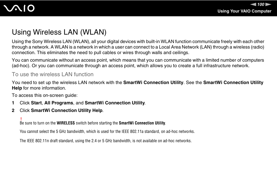 Using wireless lan (wlan) | Sony VGC-RT100Y User Manual | Page 100 / 220