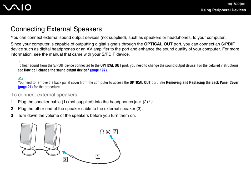 Connecting external speakers | Sony VGC-RT100Y User Manual | Page 109 / 220