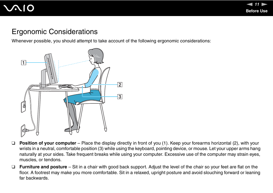 Ergonomic considerations | Sony VGC-RT100Y User Manual | Page 11 / 220