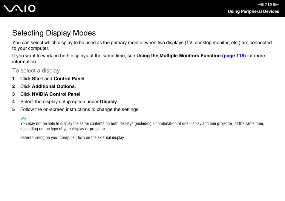 Selecting display modes | Sony VGC-RT100Y User Manual | Page 115 / 220