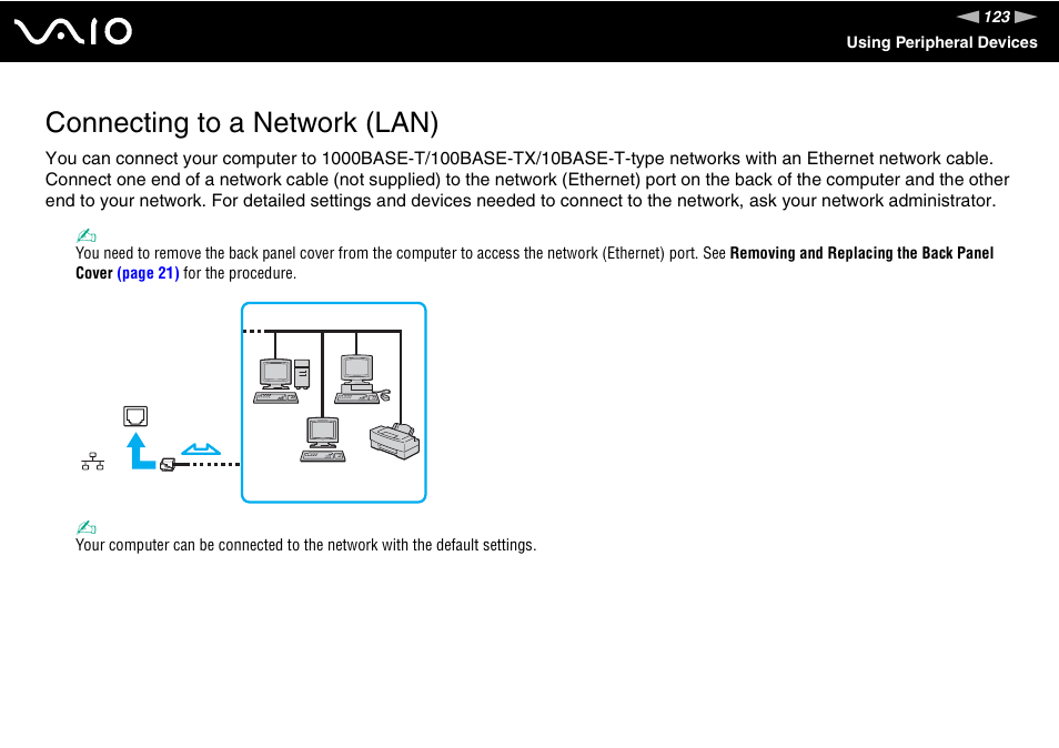 Connecting to a network (lan) | Sony VGC-RT100Y User Manual | Page 123 / 220