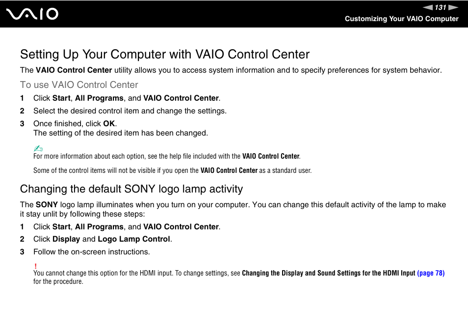 Setting up your computer with vaio control center, Changing the default sony logo lamp activity | Sony VGC-RT100Y User Manual | Page 131 / 220