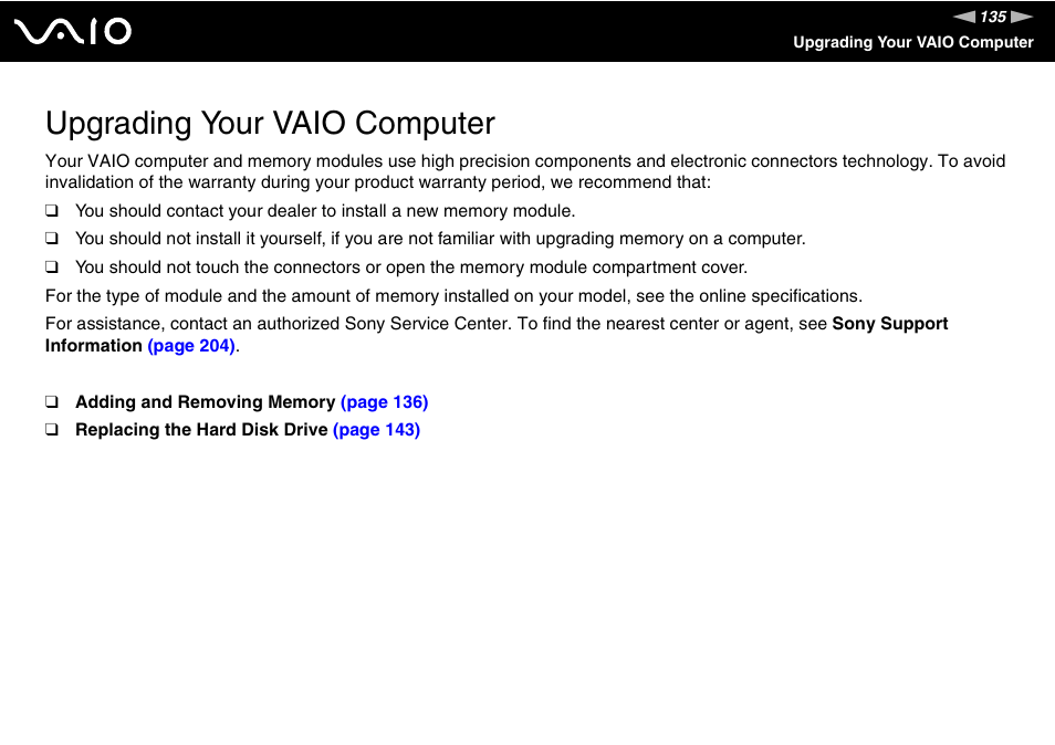 Upgrading your vaio computer | Sony VGC-RT100Y User Manual | Page 135 / 220