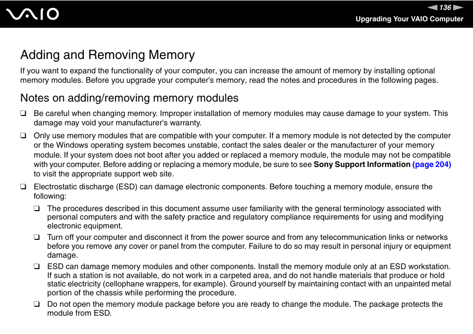 Adding and removing memory | Sony VGC-RT100Y User Manual | Page 136 / 220