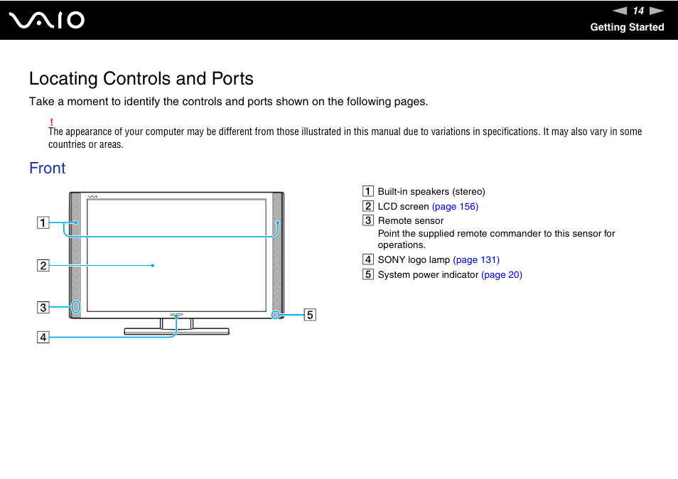 Locating controls and ports, Front | Sony VGC-RT100Y User Manual | Page 14 / 220