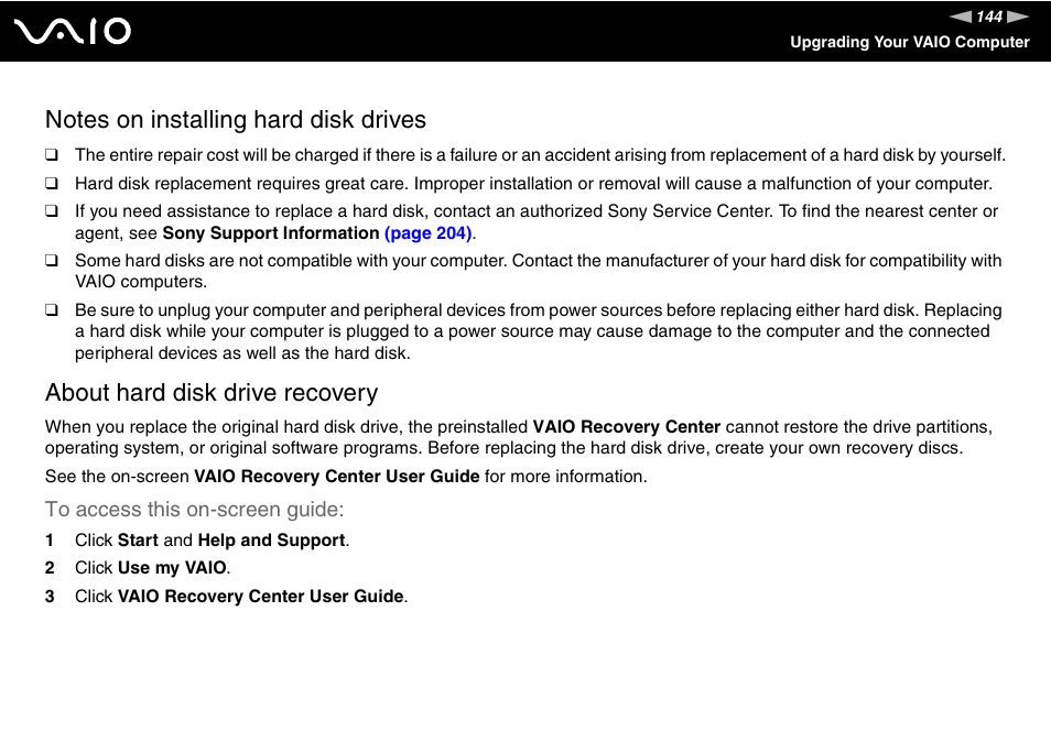 About hard disk drive recovery | Sony VGC-RT100Y User Manual | Page 144 / 220