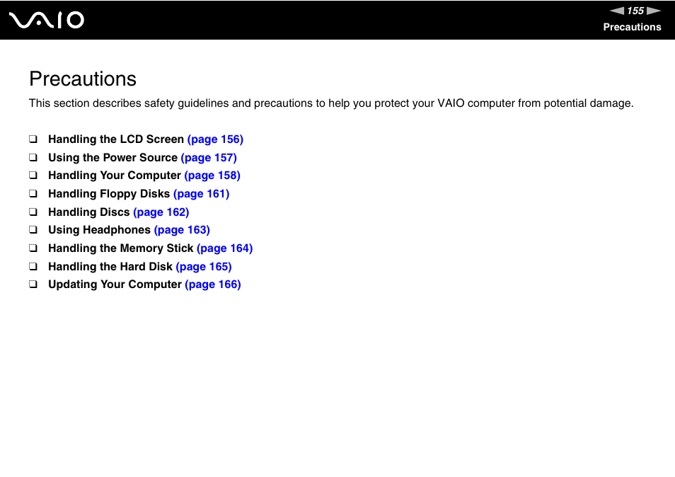 Precautions | Sony VGC-RT100Y User Manual | Page 155 / 220