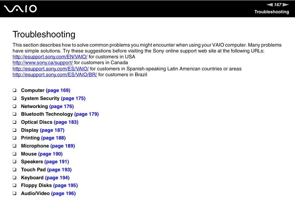 Troubleshooting | Sony VGC-RT100Y User Manual | Page 167 / 220