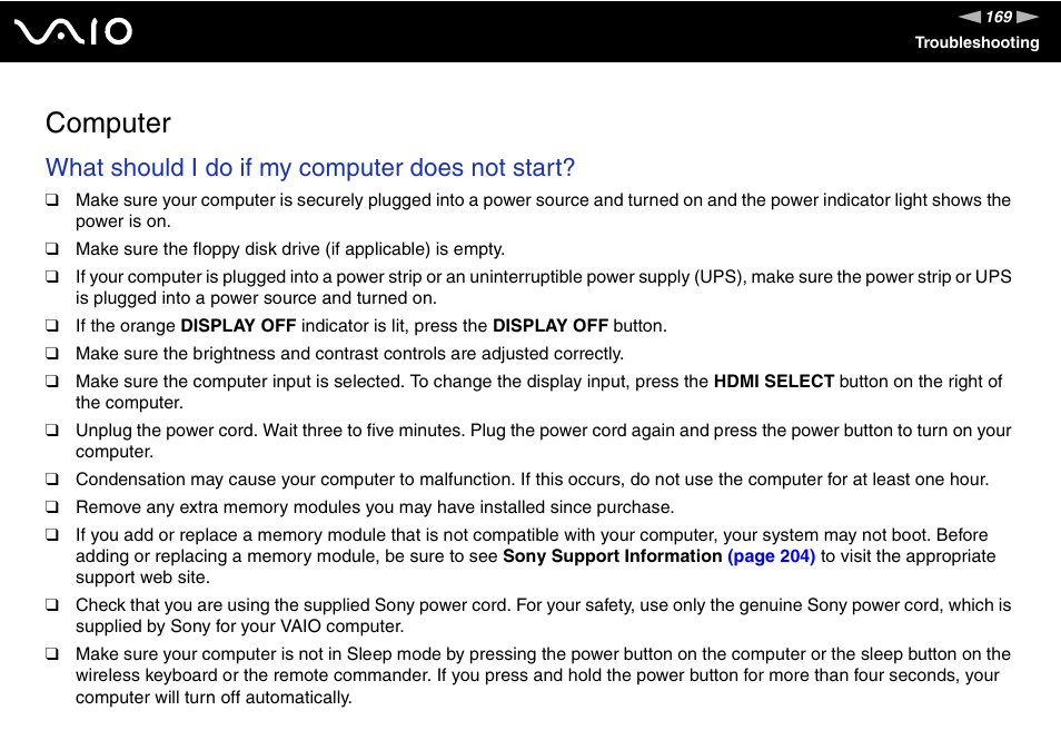 Computer, What should i do if my computer does not start | Sony VGC-RT100Y User Manual | Page 169 / 220