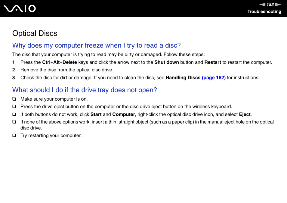 Optical discs, What should i do if the drive tray does not open | Sony VGC-RT100Y User Manual | Page 183 / 220