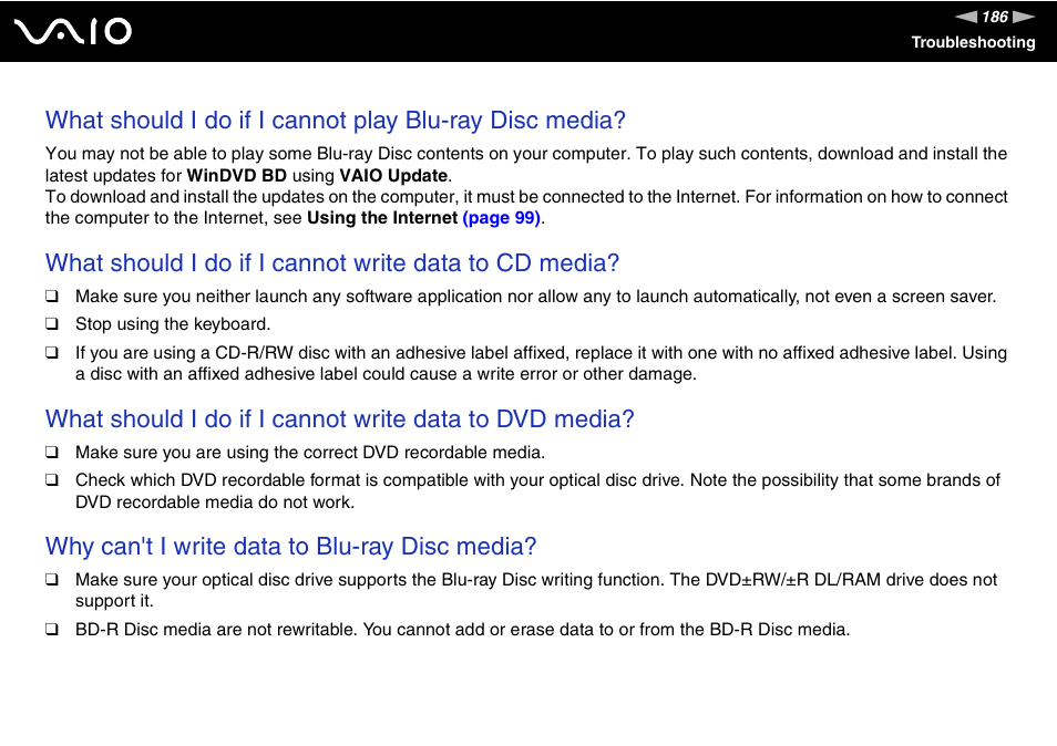 Why can't i write data to blu-ray disc media | Sony VGC-RT100Y User Manual | Page 186 / 220