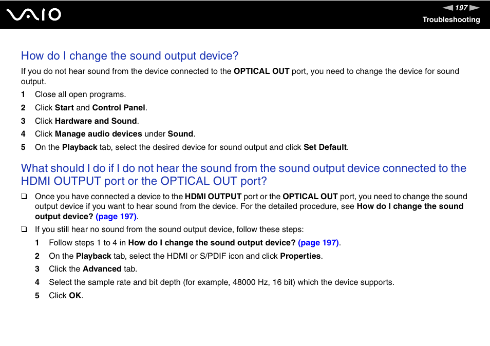 How do i change the sound output device | Sony VGC-RT100Y User Manual | Page 197 / 220