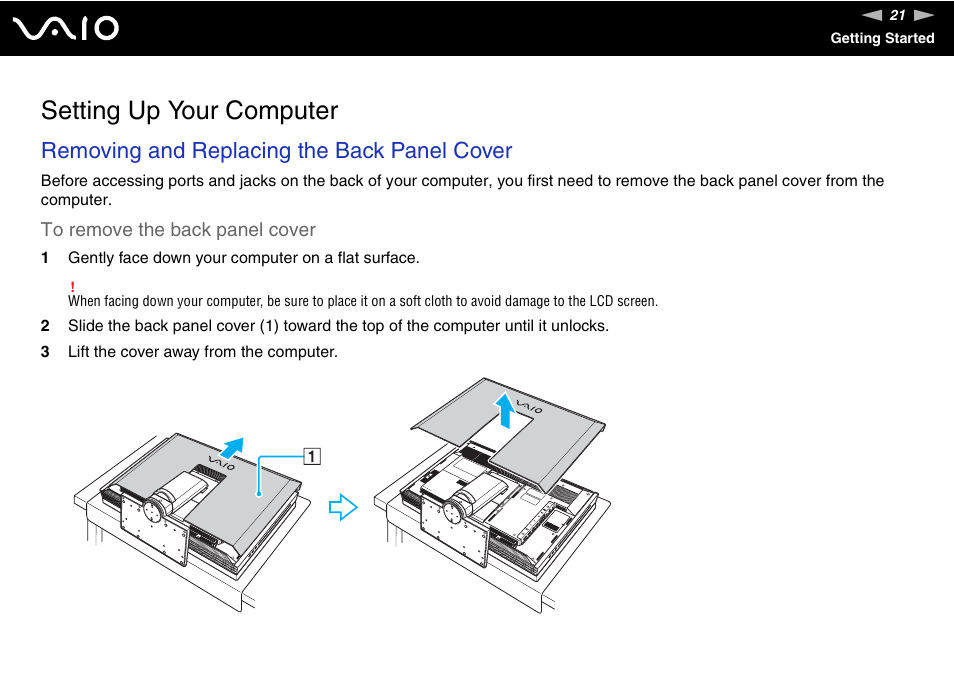 Setting up your computer, Removing and replacing the back panel cover | Sony VGC-RT100Y User Manual | Page 21 / 220