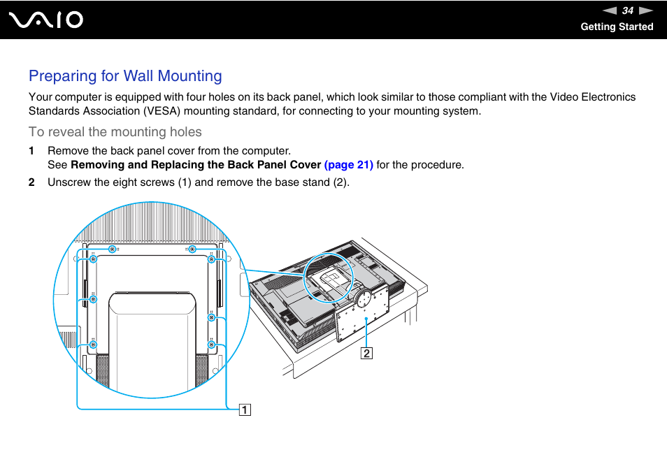 Preparing for wall mounting | Sony VGC-RT100Y User Manual | Page 34 / 220