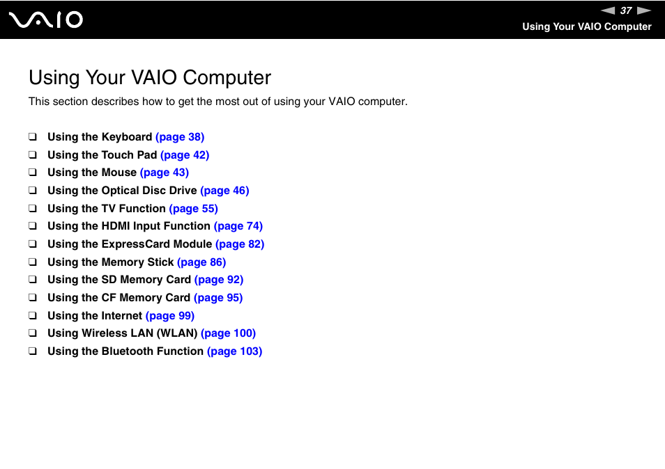 Using your vaio computer | Sony VGC-RT100Y User Manual | Page 37 / 220