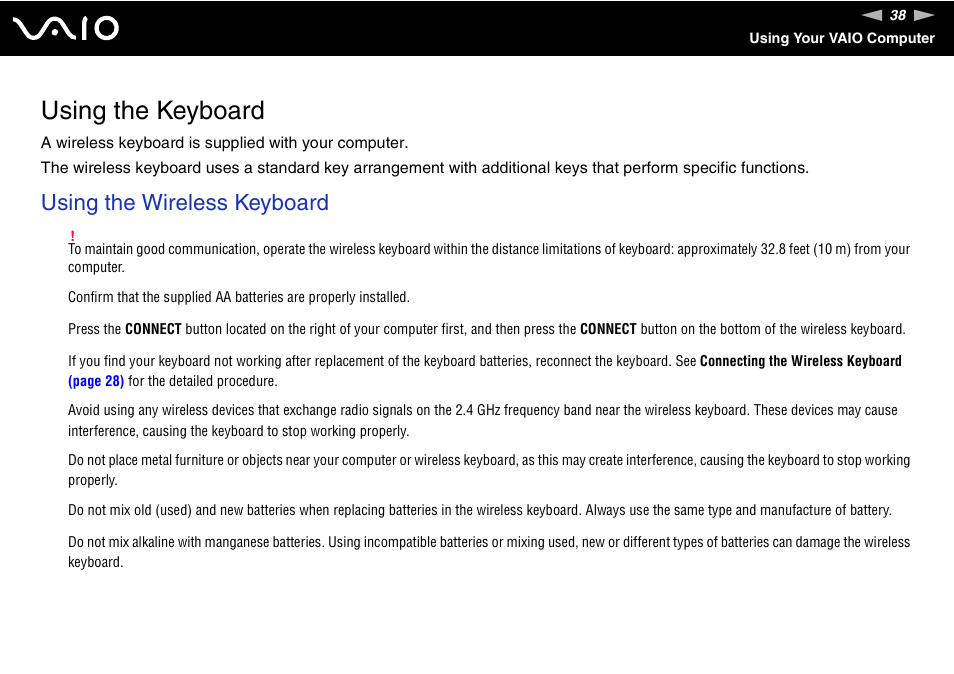 Using the keyboard, Using the wireless keyboard | Sony VGC-RT100Y User Manual | Page 38 / 220