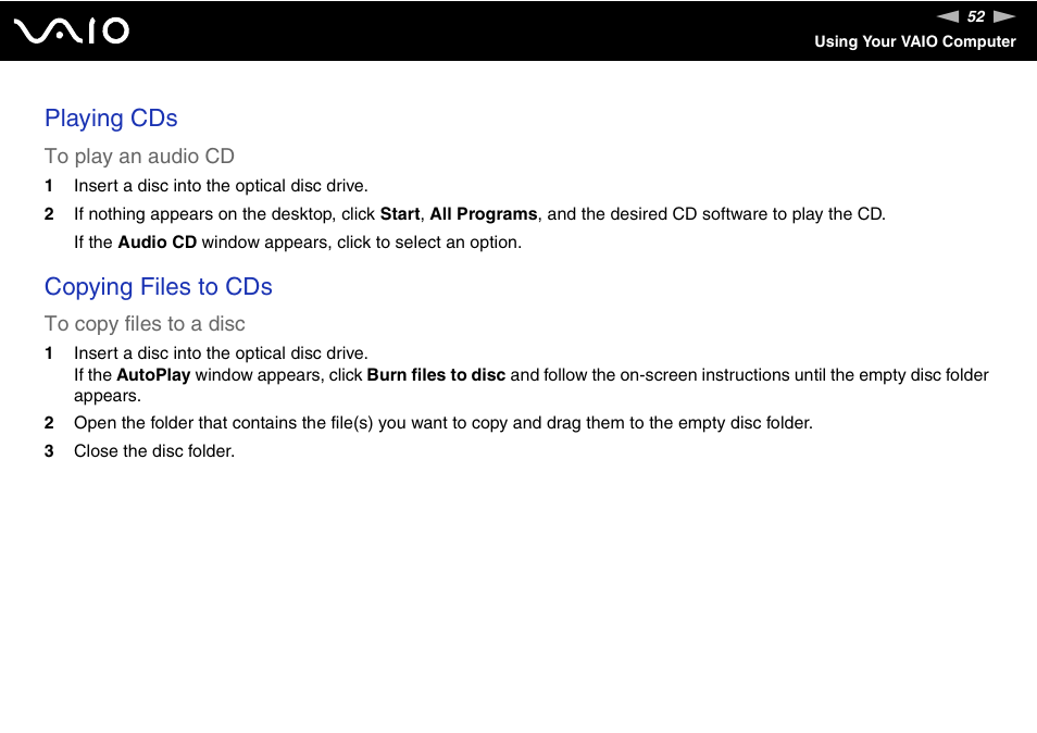 Playing cds, Copying files to cds | Sony VGC-RT100Y User Manual | Page 52 / 220