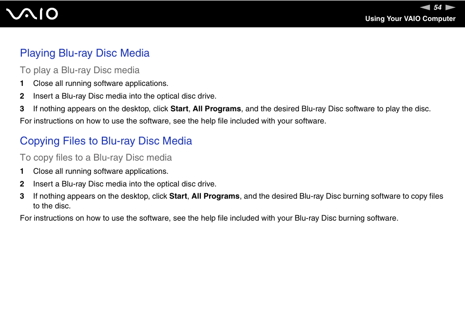 Playing blu-ray disc media, Copying files to blu-ray disc media | Sony VGC-RT100Y User Manual | Page 54 / 220