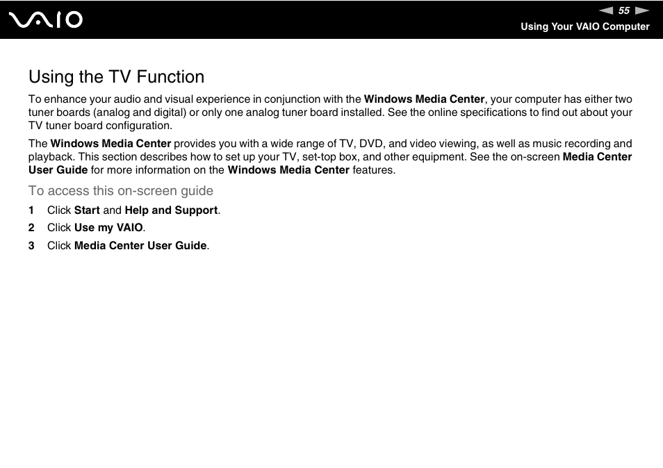 Using the tv function | Sony VGC-RT100Y User Manual | Page 55 / 220