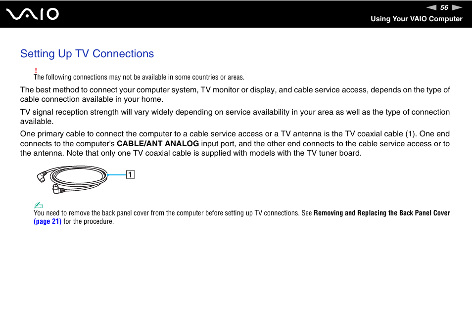 Setting up tv connections | Sony VGC-RT100Y User Manual | Page 56 / 220