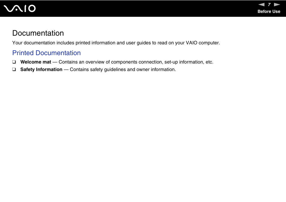 Documentation, Printed documentation | Sony VGC-RT100Y User Manual | Page 7 / 220