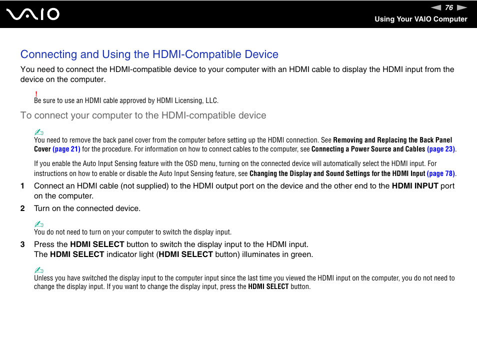 Connecting and using the hdmi-compatible device | Sony VGC-RT100Y User Manual | Page 76 / 220