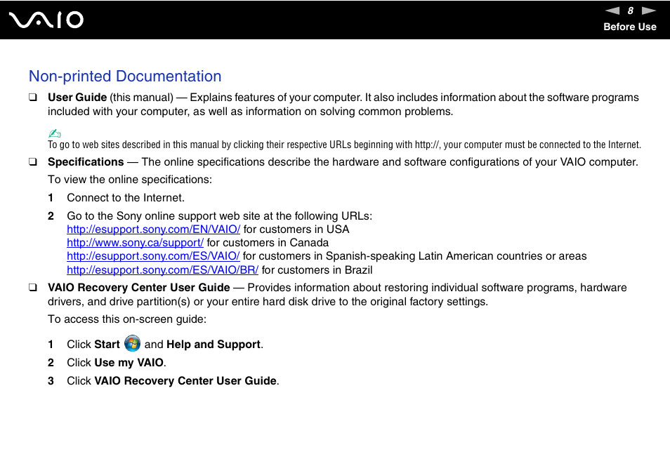 Non-printed documentation | Sony VGC-RT100Y User Manual | Page 8 / 220