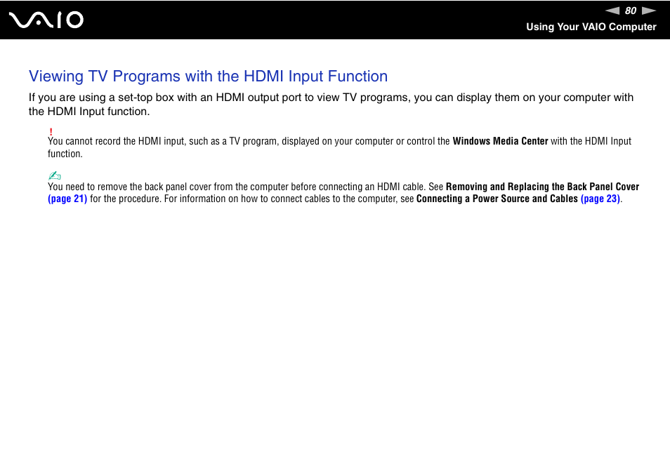 Viewing tv programs with the hdmi input function | Sony VGC-RT100Y User Manual | Page 80 / 220