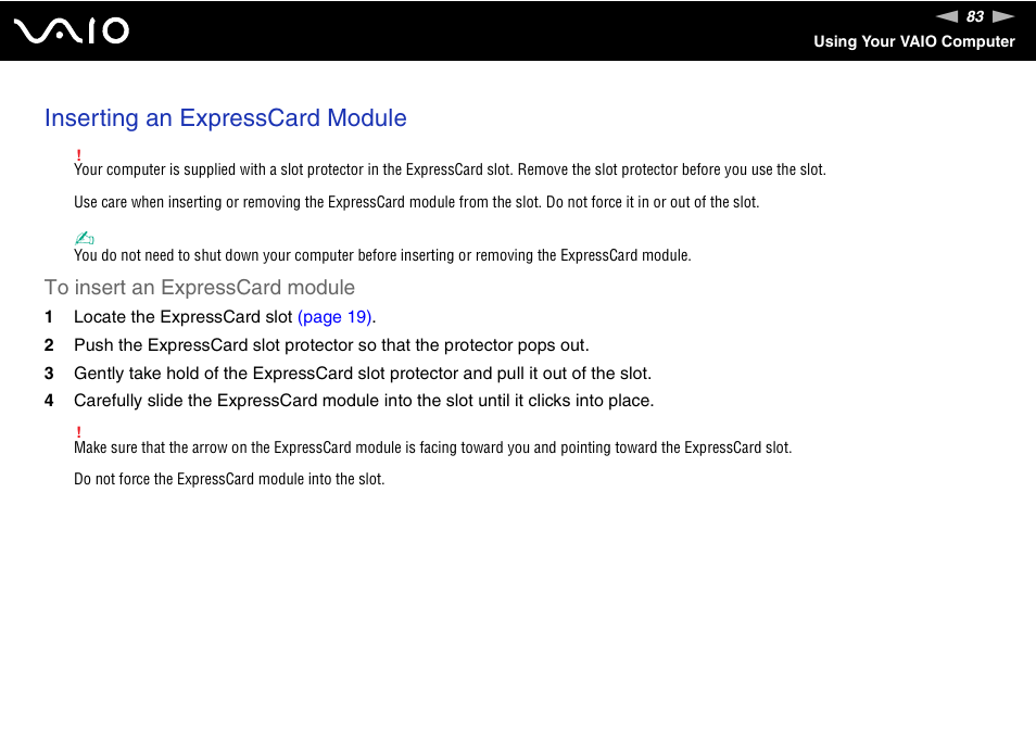 Inserting an expresscard module | Sony VGC-RT100Y User Manual | Page 83 / 220