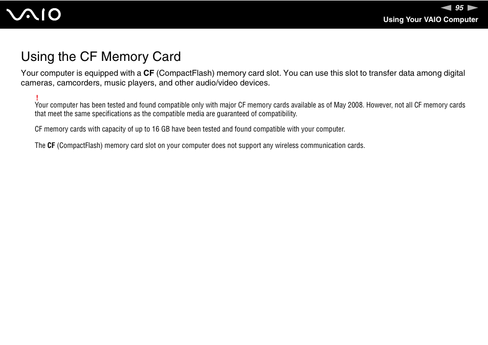 Using the cf memory card | Sony VGC-RT100Y User Manual | Page 95 / 220