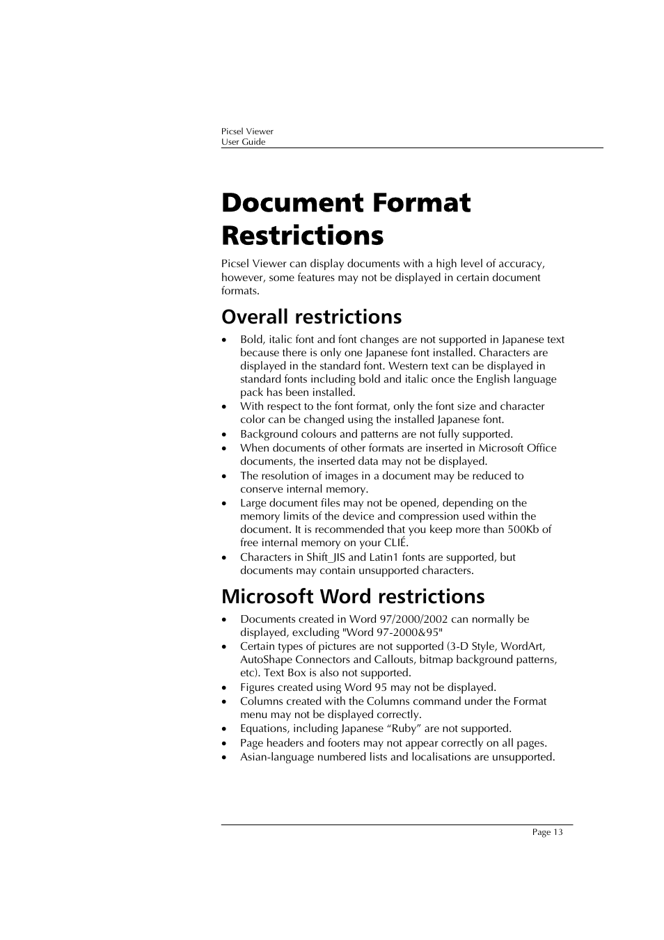 Document format restrictions, Overall restrictions, Microsoft word restrictions | Sony PEG-TJ37 User Manual | Page 13 / 24