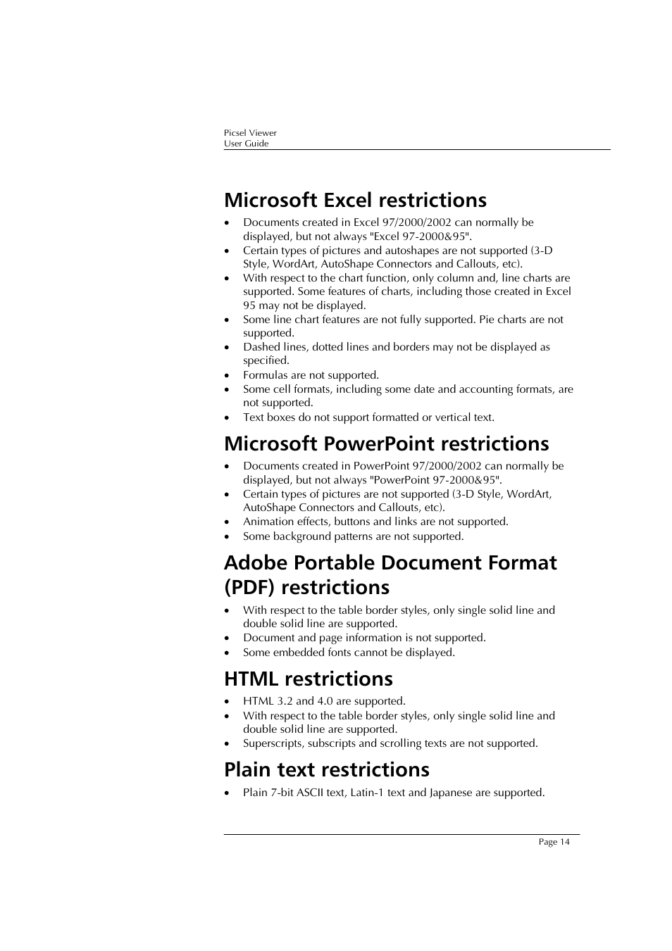Microsoft excel restrictions, Microsoft powerpoint restrictions, Adobe portable document format (pdf) restrictions | Html restrictions, Plain text restrictions | Sony PEG-TJ37 User Manual | Page 14 / 24