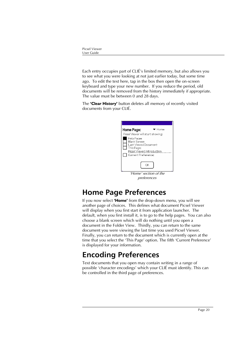 Home page preferences, Encoding preferences | Sony PEG-TJ37 User Manual | Page 20 / 24