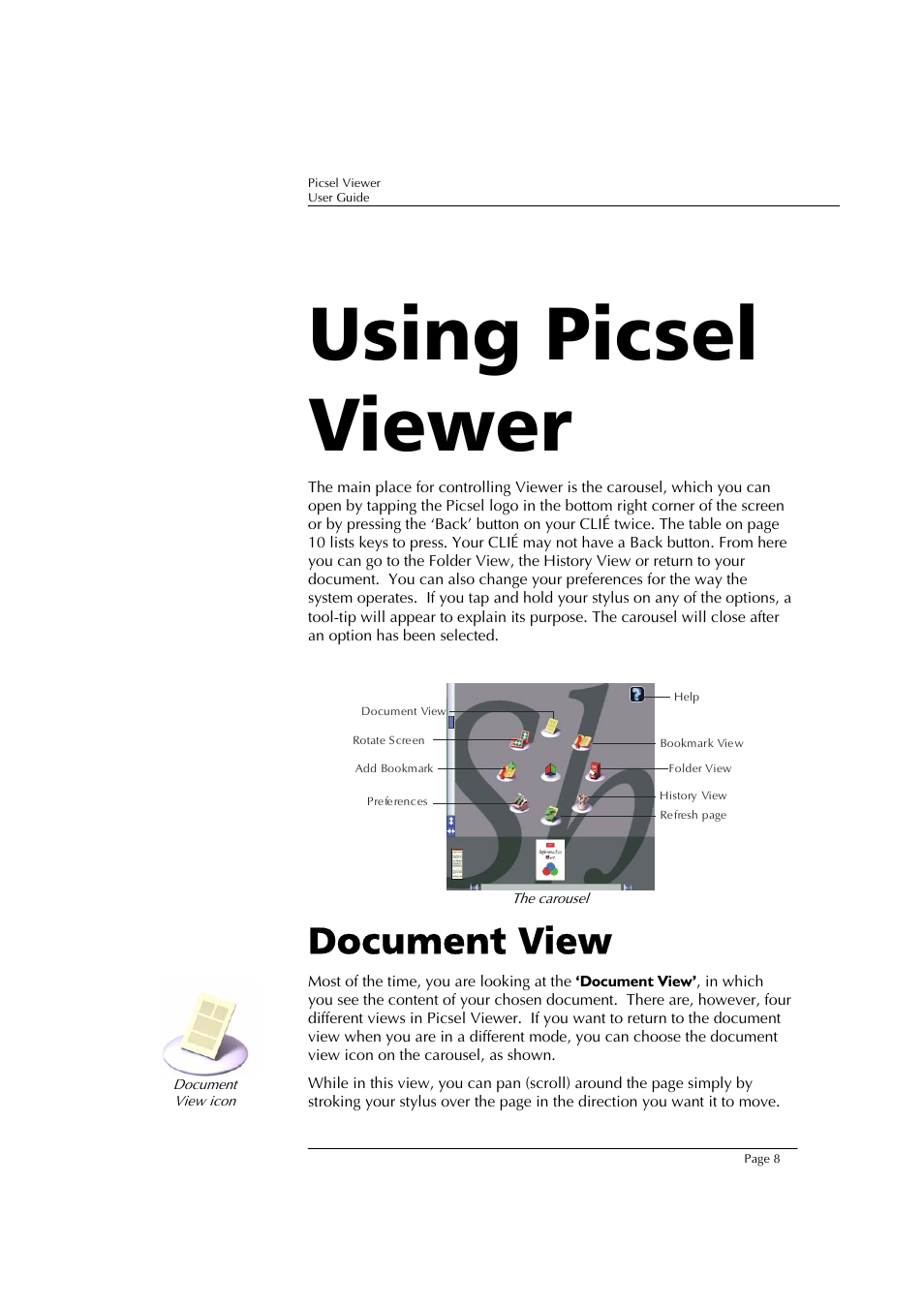 Using picsel viewer, Document view | Sony PEG-TJ37 User Manual | Page 8 / 24