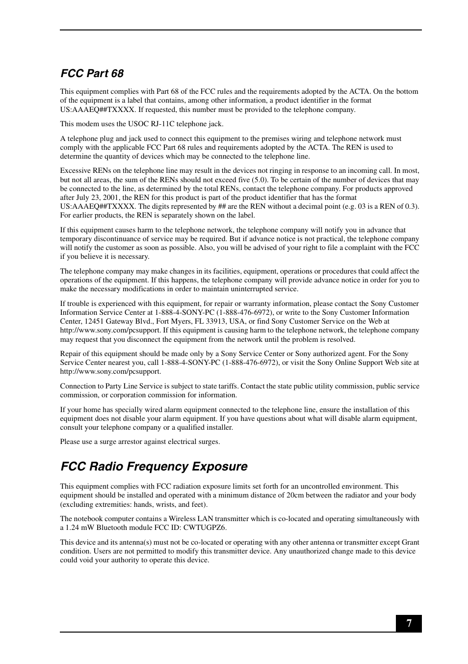 Fcc radio frequency exposure, 7fcc part 68 | Sony VGN-AX570G User Manual | Page 7 / 12