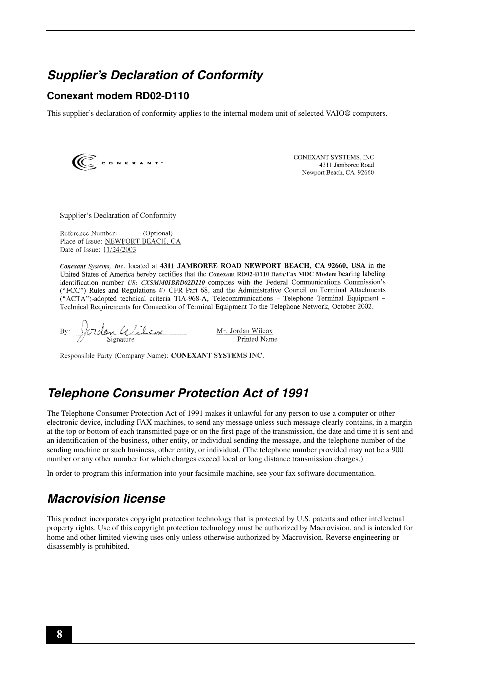 Supplier’s declaration of conformity, Telephone consumer protection act of 1991, Macrovision license | Sony VGN-AX570G User Manual | Page 8 / 12