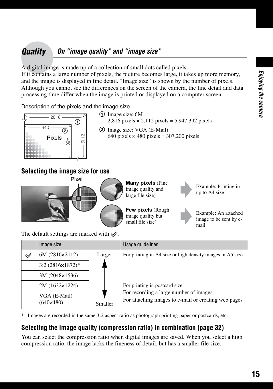 Quality, Selecting the image size for use, On “image quality” and “image size | Sony DSC-S500 User Manual | Page 15 / 96