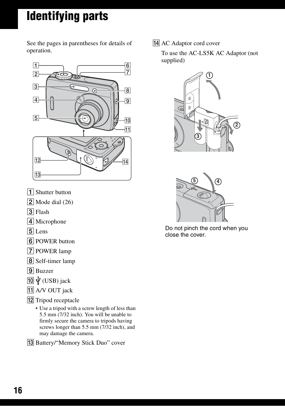 Identifying parts | Sony DSC-S500 User Manual | Page 16 / 96