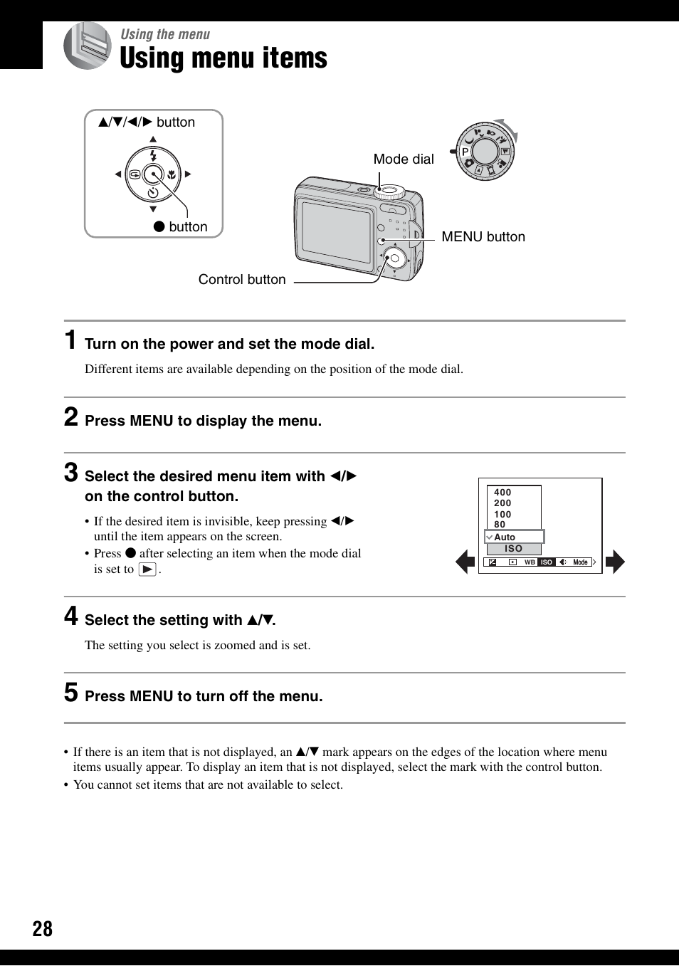 Using the menu, Using menu items | Sony DSC-S500 User Manual | Page 28 / 96