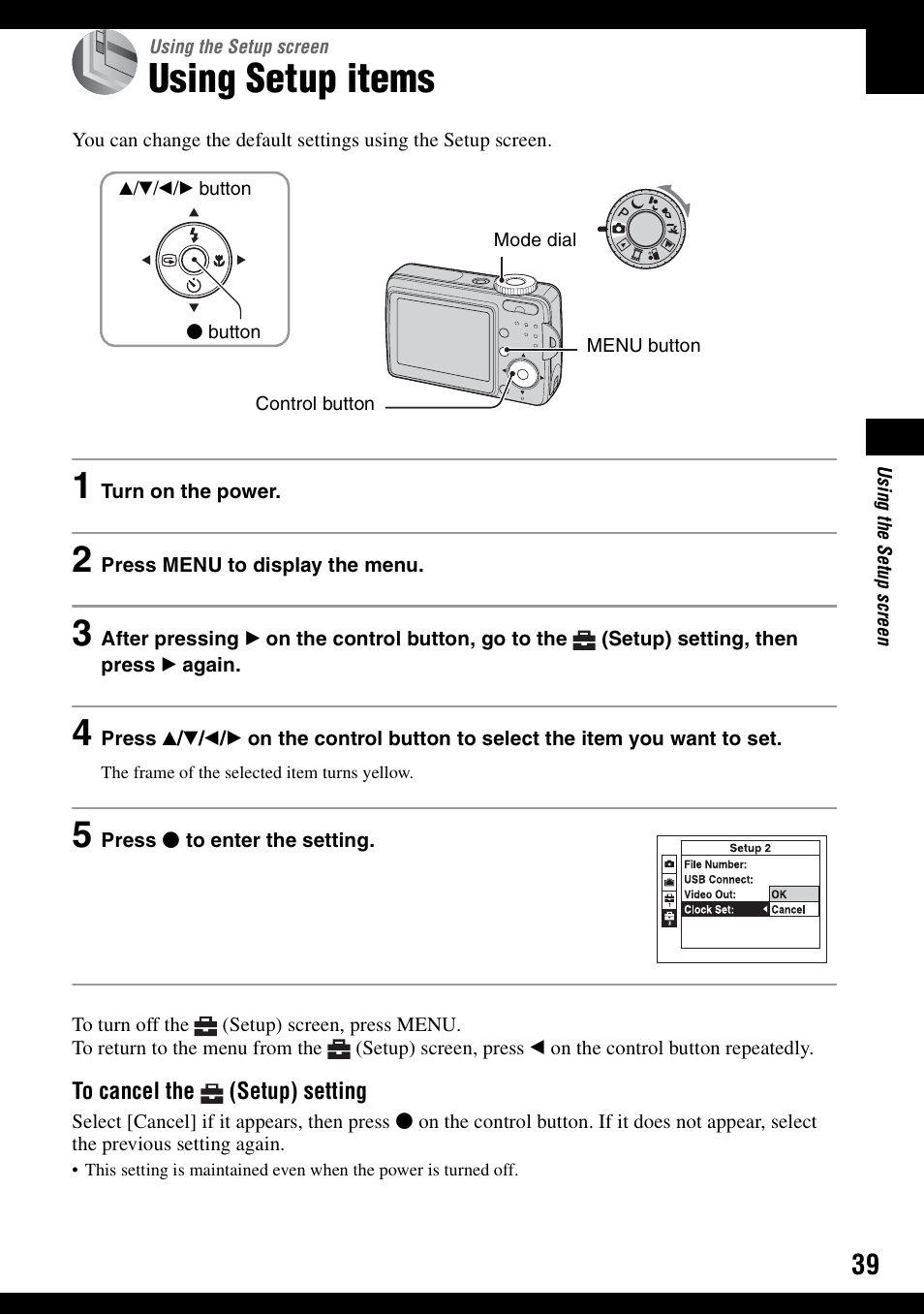 Using the setup screen, Using setup items | Sony DSC-S500 User Manual | Page 39 / 96