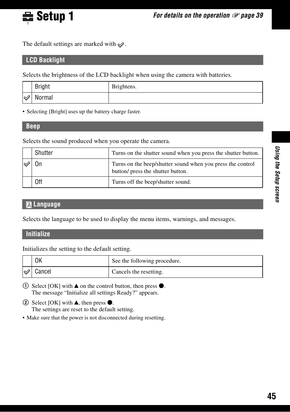 Setup 1 | Sony DSC-S500 User Manual | Page 45 / 96