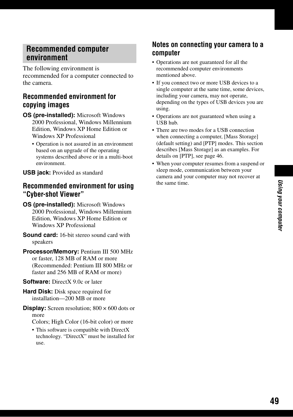 Recommended computer environment, Recommended environment for copying images | Sony DSC-S500 User Manual | Page 49 / 96