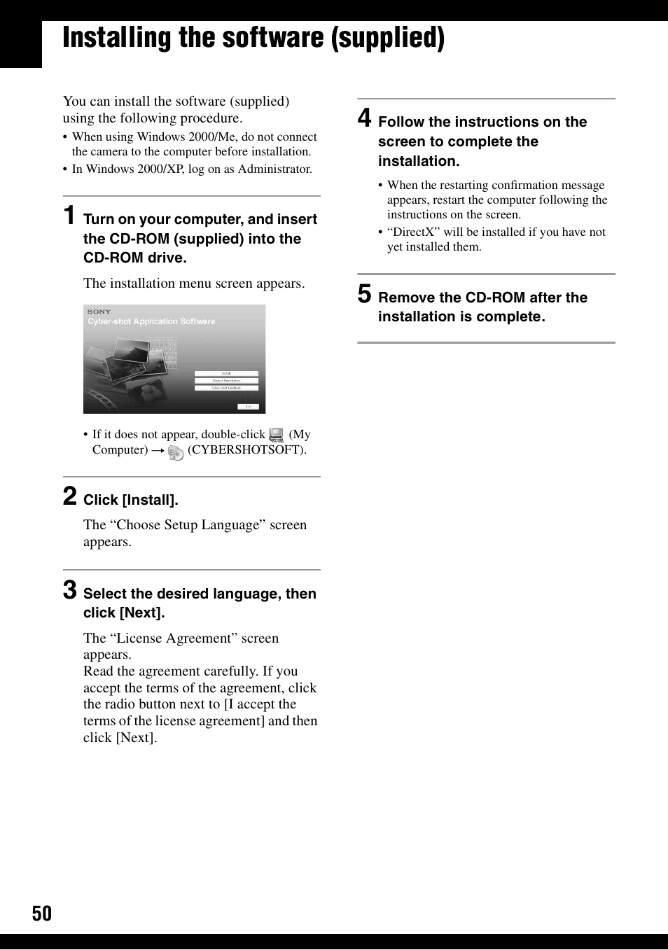 Installing the software (supplied) | Sony DSC-S500 User Manual | Page 50 / 96