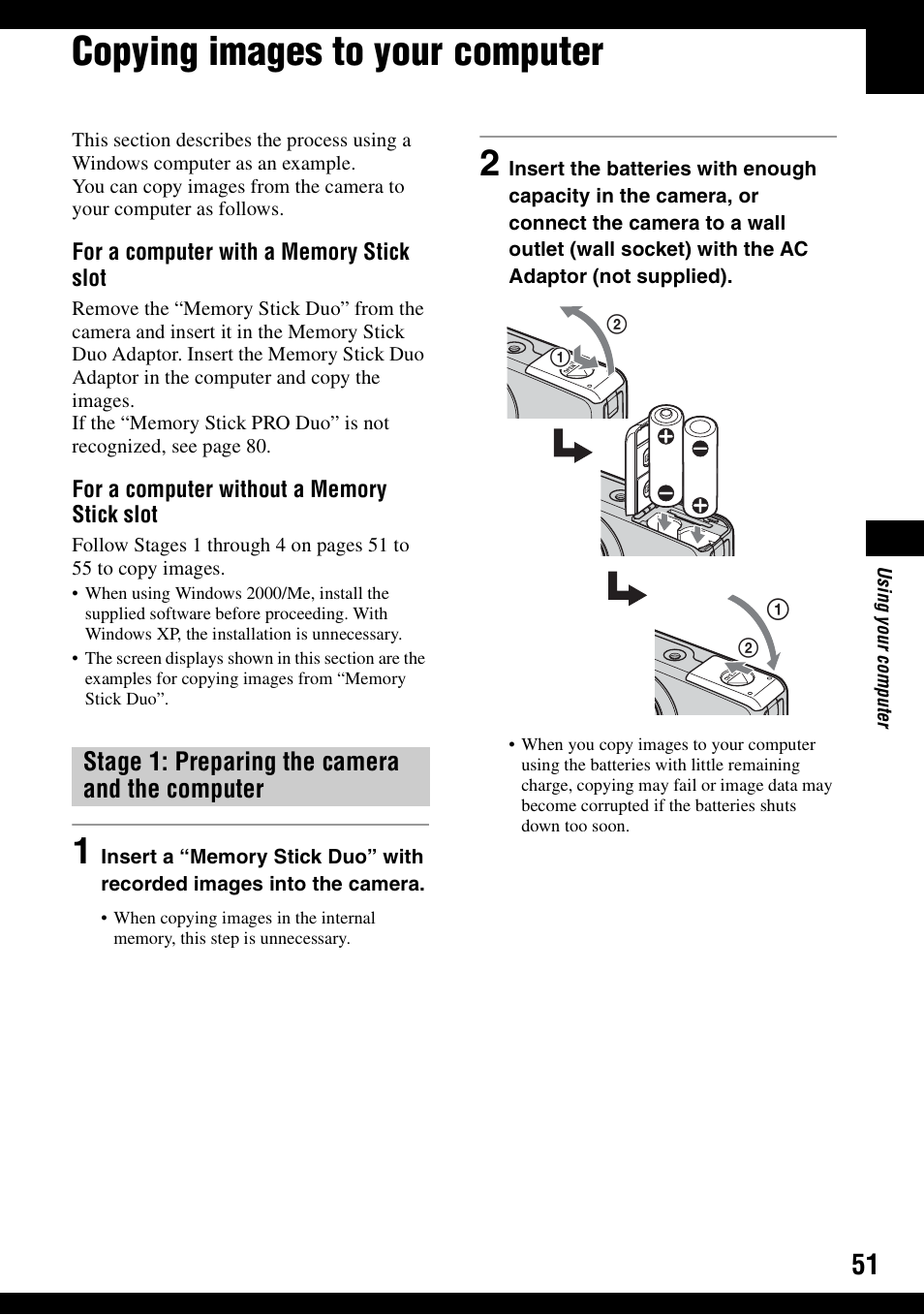 Copying images to your computer, Stage 1: preparing the camera and the computer | Sony DSC-S500 User Manual | Page 51 / 96