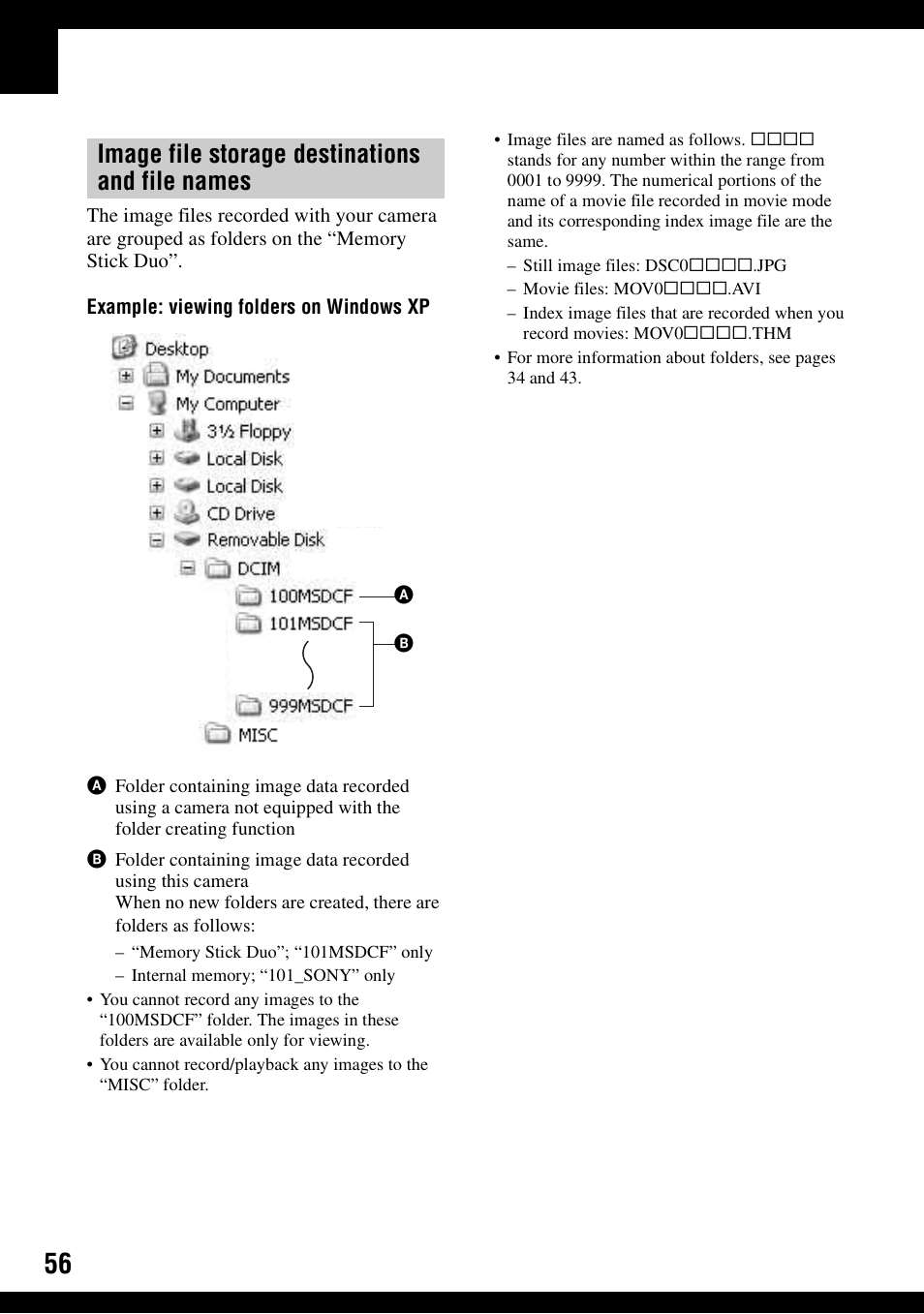 Image file storage destinations and file names | Sony DSC-S500 User Manual | Page 56 / 96
