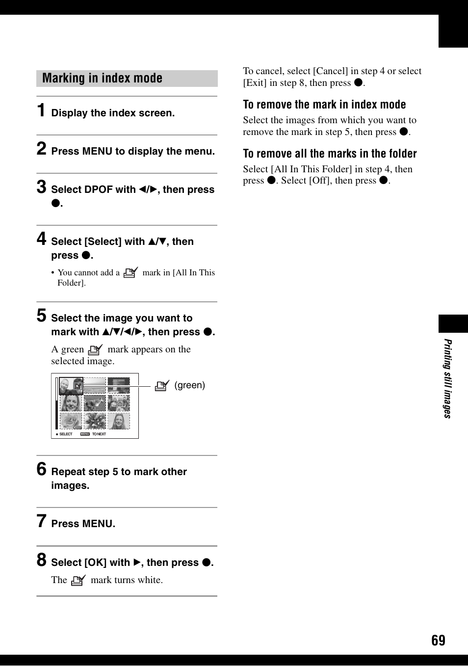 Marking in index mode | Sony DSC-S500 User Manual | Page 69 / 96