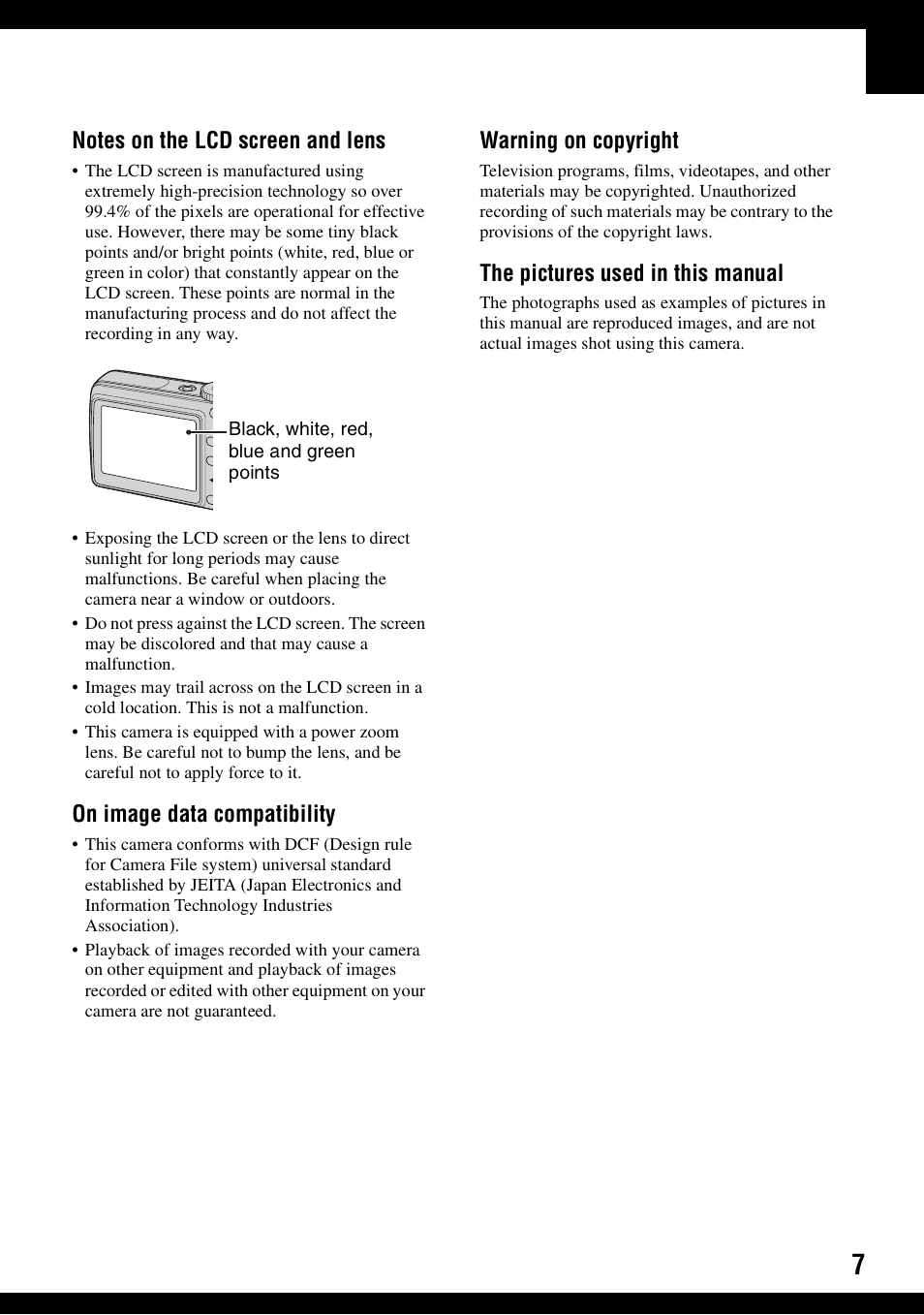 On image data compatibility, Warning on copyright, The pictures used in this manual | Sony DSC-S500 User Manual | Page 7 / 96