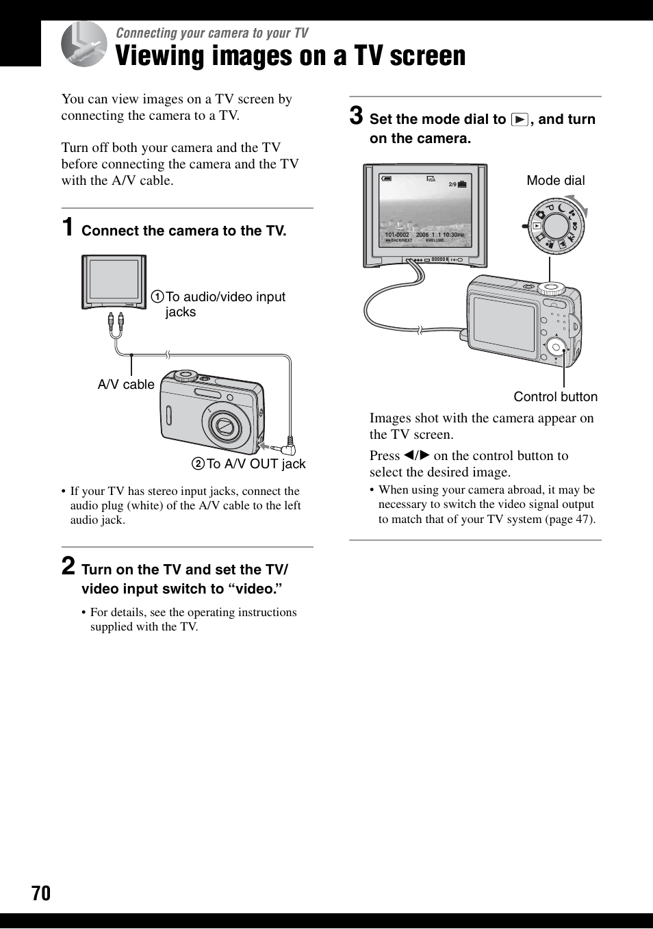 Connecting your camera to your tv, Viewing images on a tv screen | Sony DSC-S500 User Manual | Page 70 / 96